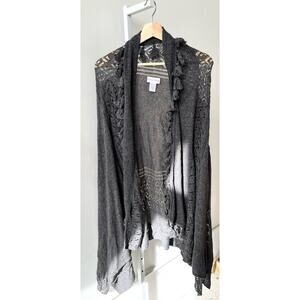SOFT SURROUNDINGS M Open Front Tassel Cardigan Sweater Sheer Open Knit Gray